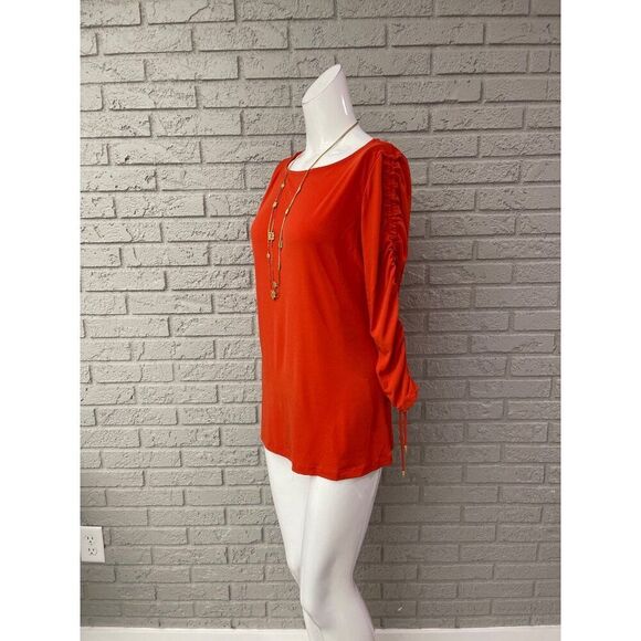Susan Graver Women Orange Ruched Drawstring Long Sleeve Blouse Size S - Picture 4 of 7